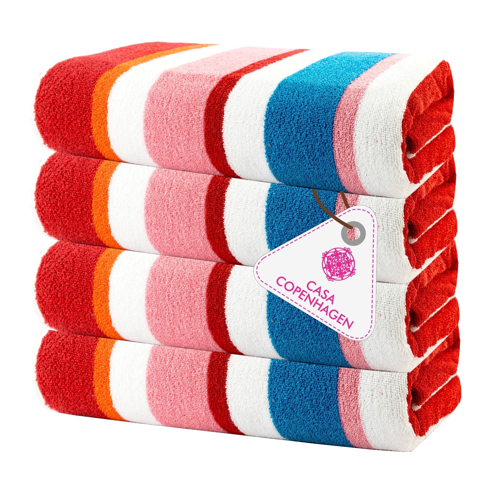 CASA COPENHAGEN Bora Bora Beach Towels Designed in Denmark Rough and Tough, Quick Dry, for Pool, Bath & Shower 30x60 inches 4 Pieces Cotton Beach Bath Towels Set - Pink