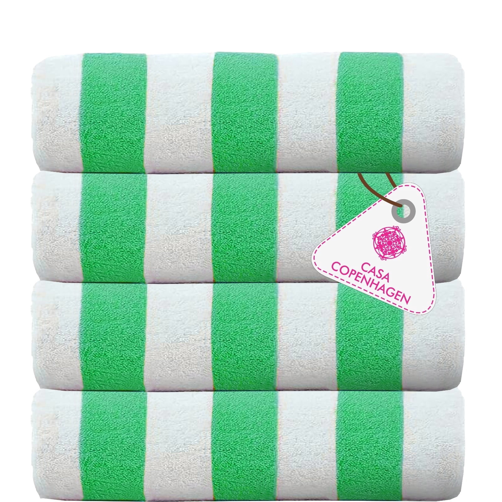 CASA COPENHAGEN Cabana Towel Designed in Denmark Rough and Tough, Quick Dry, Beach, Pool, Bath & Shower 30x60 inches 4 Pieces Cotton Beach Bath Towels Set - Green