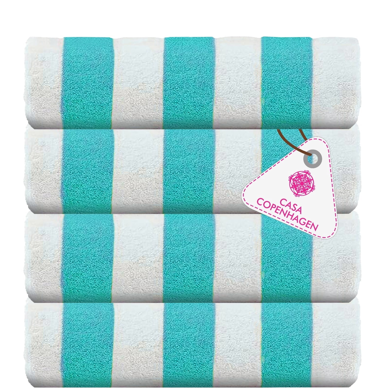 CASA COPENHAGEN Cabana Towel Designed in Denmark Rough and Tough, Quick Dry, Beach, Pool, Bath & Shower 30x60 inches 4 Pieces Cotton Beach Bath Towels Set - Turquoise