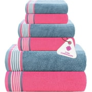CASA COPENHAGEN Designed in Denmark 550 GSM 2 Large Bath Towels 2 Large Hand Towels 2 Washcloths, Super Soft Egyptian Cotton 6 Towels Set for Bathroom, Kitchen & Shower - Dusty Blue - Pink