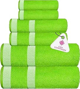 CASA COPENHAGEN Designed in Denmark 600 GSM 2 Large Bath Towels 2 Large Hand Towels 2 Washcloths, Super Soft Egyptian Cotton 6 Towels Set for Bathroom, Kitchen & Shower - Lime Green