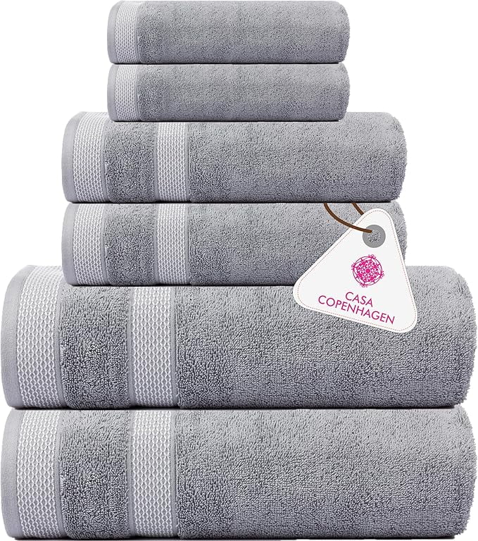 CASA COPENHAGEN Designed in Denmark 600 GSM 2 Large Bath Towels 2 Large Hand Towels 2 Washcloths, Super Soft Egyptian Cotton 6 Towels Set for Bathroom, Kitchen & Shower - Grey Violet