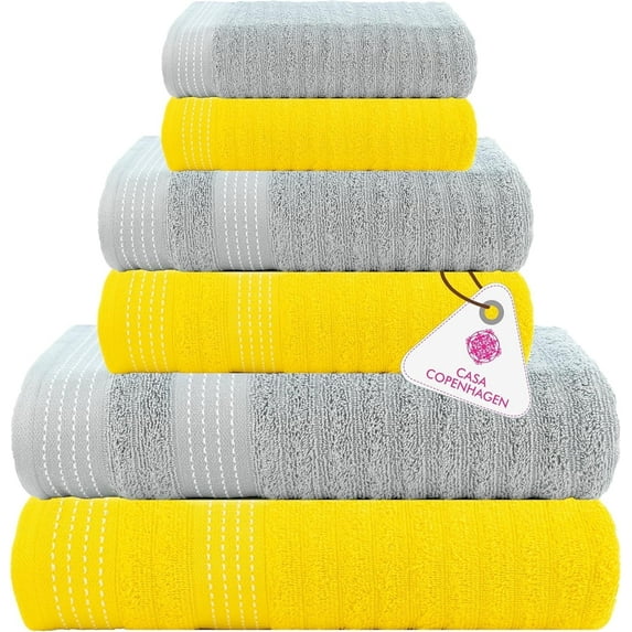 CASA COPENHAGEN Elegance 6 Pieces Ribbed Towels Set, Yellow + Grey Violet, 550 GSM, 2 Bath Towel 2 Hand Towel 2 Washcloths, Super Soft Egyptian Cotton for Bathroom, Kitchen & Shower.
