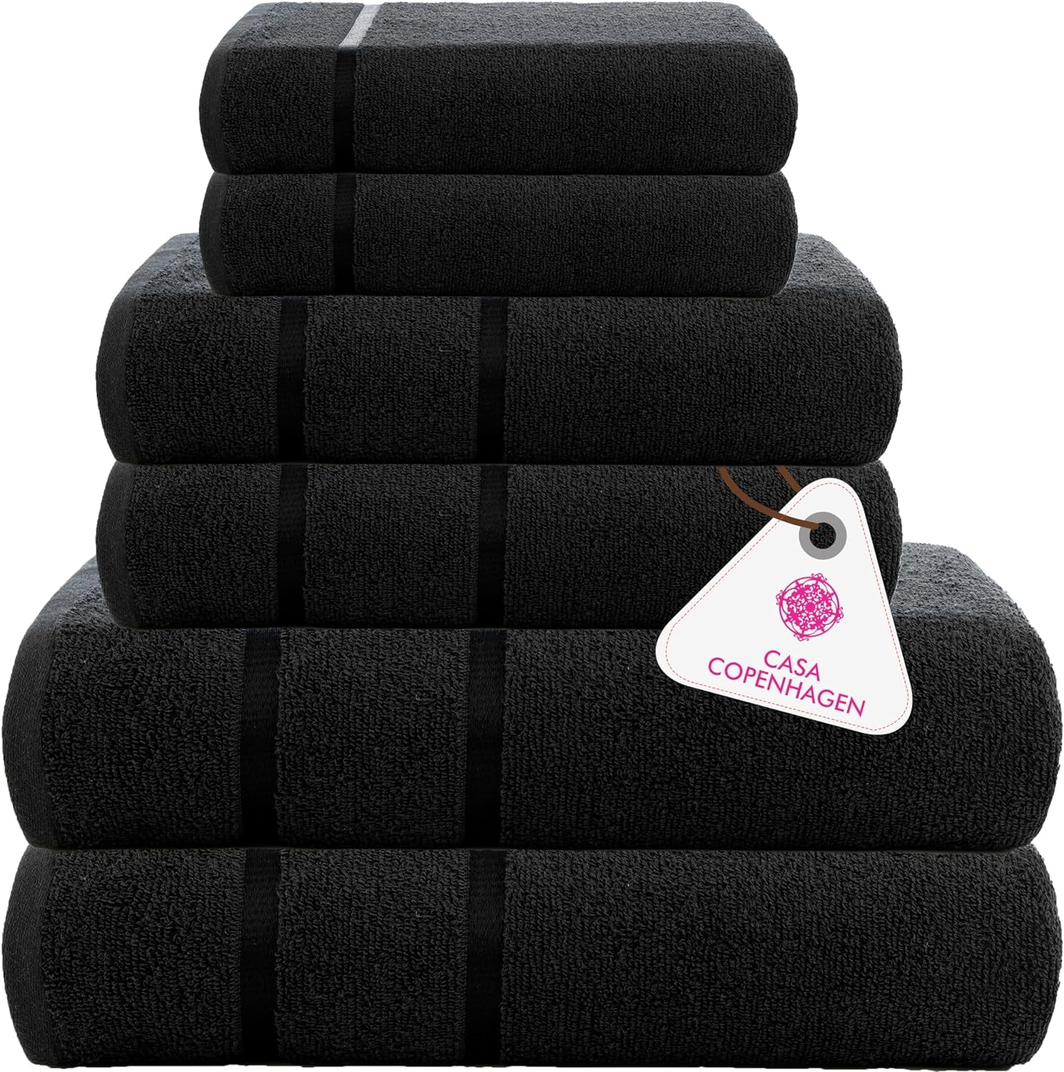 CASA COPENHAGEN Eternal 6 Pieces Towel Set- Black, 500 GSM 2 Bath Towel 2 Hand Towel 2 Washcloth, Designed in Denmark Made of Soft Egyptian Cotton for Bathroom, Kitchen & Shower