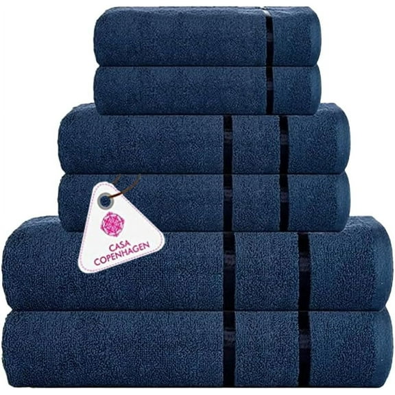 CASA COPENHAGEN Eternal 6 Pieces Towel Set- Navy Blue, 500 GSM 2 Bath Towel 2 Hand Towel 2 Washcloth, Designed in Denmark Made of Soft Egyptian Cotton for Bathroom, Kitchen & Shower
