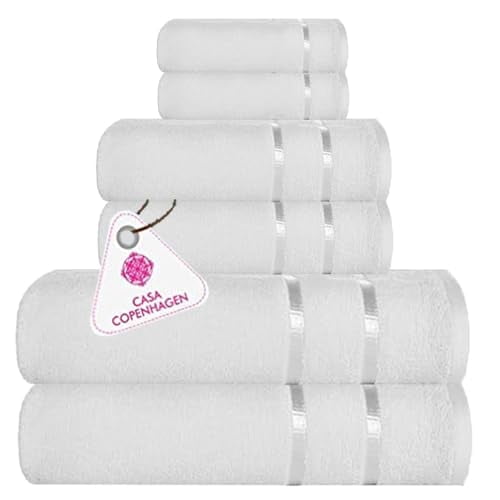CASA COPENHAGEN Eternal 6 Pieces Towel Set- White, 500 GSM 2 Bath Towel 2 Hand Towel 2 Washcloth, Designed in Denmark Made of Soft Egyptian Cotton for Bathroom, Kitchen & Shower