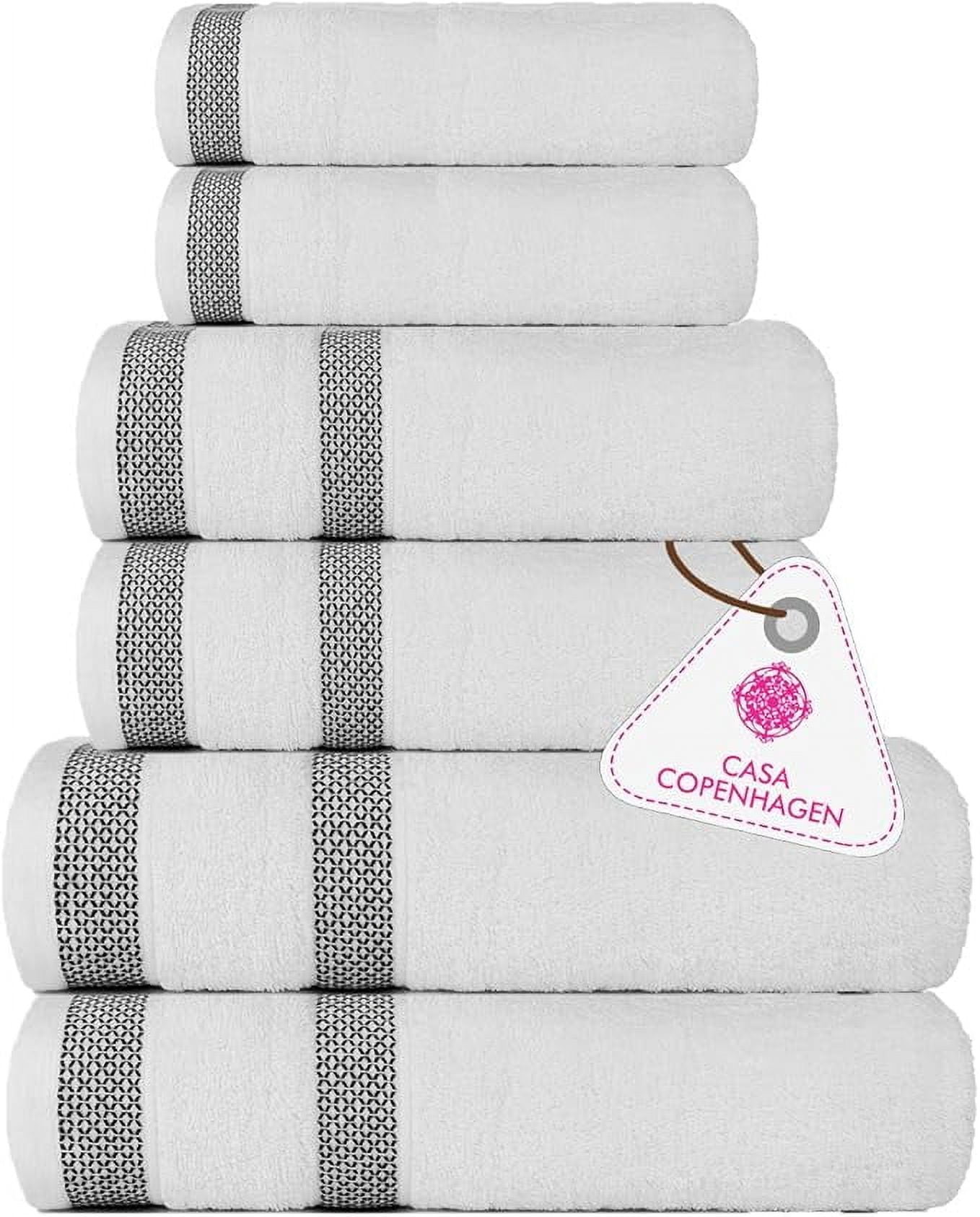CASA COPENHAGEN Solitaire Designed in Denmark 600 GSM 2 Bath Towels 2 Hand Towels 2 Washcloths, Super Soft Egyptian Cotton 6 Towels Set for Bathroom, Kitchen & Shower - Bright White