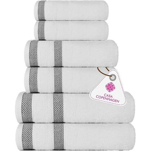 CASA COPENHAGEN Solitaire Designed in Denmark 600 GSM 2 Bath Towels 2 Hand Towels 2 Washcloths, Super Soft Egyptian Cotton 6 Towels Set for Bathroom, Kitchen & Shower - Bright White
