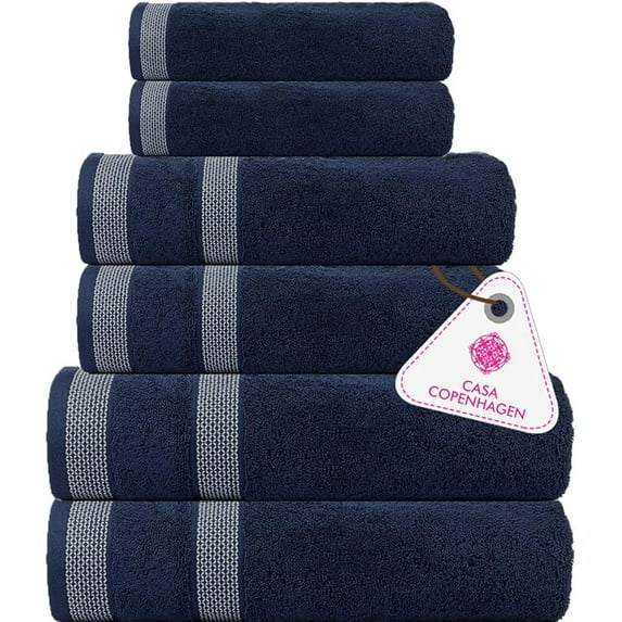 CASA COPENHAGEN Solitaire Designed in Denmark 600 GSM 2 Bath Towels 2 Hand Towels 2 Washcloths, Super Soft Egyptian Cotton 6 Towels Set for Bathroom, Kitchen & Shower - Navy Blue