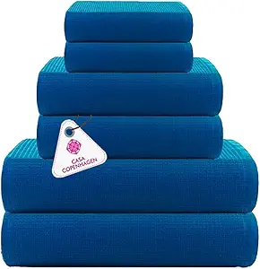CASA COPENHAGEN Waffle Towel, 6Pieces 100% Cotton Large Towel Set- Electric Blue, 2Bath 2Hand 2Washcloths Instant Absorb and Dry, Soft Strong Towels for Hotel Spa Kitchen Bathroom & Shower