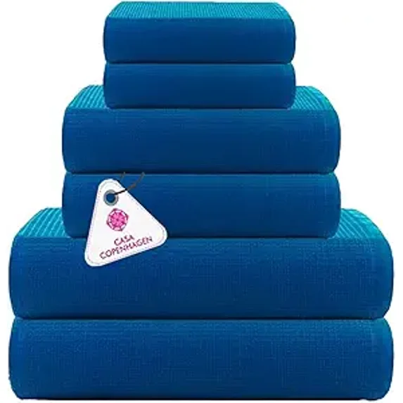 CASA COPENHAGEN Waffle Towel, 6Pieces 100% Cotton Large Towel Set- Electric Blue, 2Bath 2Hand 2Washcloths Instant Absorb and Dry, Soft Strong Towels for Hotel Spa Kitchen Bathroom & Shower