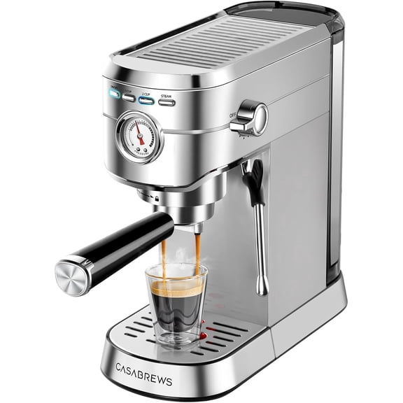 CASABREWS 20 Bar Espresso Machine, Stainless Steel Coffee Maker with Pressure Gauges and Steam Milk Frotherand, Compact Coffee Latte Machine with 1350 W boiler, 34oz Removable Water Tank,CM5418Silver