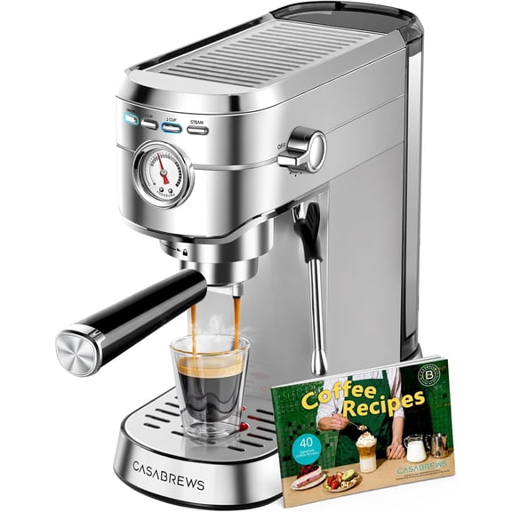 CASABREWS CM5418 20 Bar Espresso Machine, Stainless Steel Coffee Maker with Pressure Gauges and Steam Milk Frother,Compact Coffee Latte Machine with 1350 W boiler, 34oz Removable Water Tank,Silver