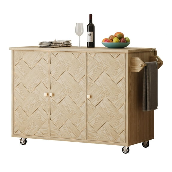 CASADEAR 51.2"W Ash Veneer Solid Wood Handwoven Kitchen Island with Drop Leaf, Coastal Kitchen Island on Wheels with Internal Storage Rack, Rolling Kitchen Cart,Nature Wood