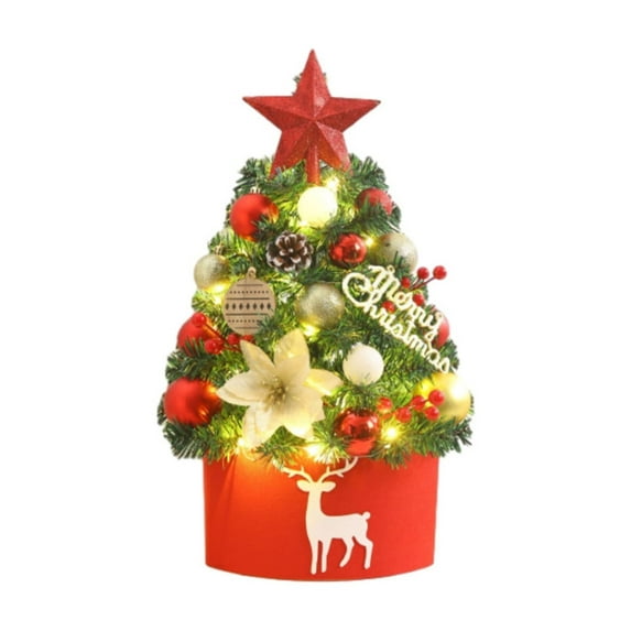 CASAFUN 17.7 Inch Mini Christmas Tree Set, Table Top Artificial Christmas Trees with LED Lights, Tree Topper Ornaments and Red Berries for Holiday Indoor Home Desktop Christmas Decoration