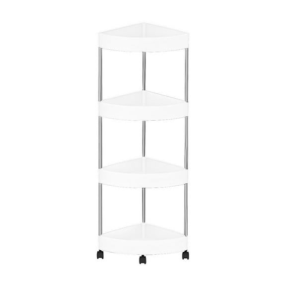 CASAFUN 4 Tier Floor Standing Shower Caddy with Wheels, Detachable Floor Corner Shower Shelf, Plastic Metal Splicing Corner Shower Shelf, Easy Assembly Space Saving, for Kitchen Laundry Room Bathroom