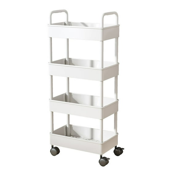 CASAFUN 4-Tier Plastic Rolling Utility Cart with Handle, Multi-Functional Storage Trolley for Office, Living Room, Kitchen, Movable Storage Organizer with Wheels, White