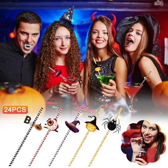 CASAFUN 48PCS Bling Glitter Halloween Party Favors Straws Crazy Spooky Pumpkin Bat Eyeball Spider Withch Hat Straws for Halloween Party Supplies Birthday Party Decoration