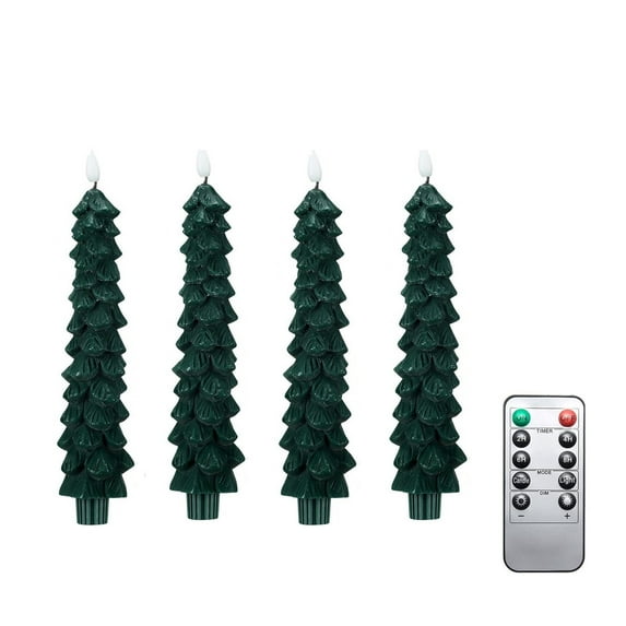 CASAFUN 4pcs Flameless Taper Candles with Timer, Christmas Tree Candlesticks, Real Wax Battery Operated Window Candles with 3D Flickering Flame for Fireplace Christmas