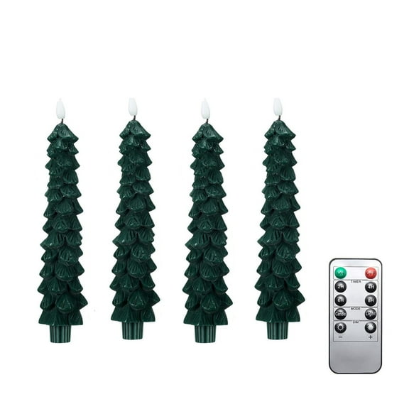CASAFUN 4pcs Flameless Taper Candles with Timer, Christmas Tree Candlesticks, Real Wax Battery Operated Window Candles with 3D Flickering Flame for Fireplace Christmas