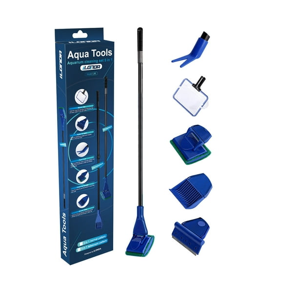 CASAFUN 5 in 1 Aquarium/Fish Tank Cleaning Kit/Tool, Algae Scraper, Fish Net, Sponge, Plant Fork, Gravel Rake with Long Handle