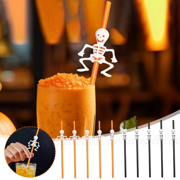 CASAFUN 5pcs Bling Glitter Halloween Party Favors Straws Bats Skeleton Straws for Halloween Party Supplies Birthday Party Decoration
