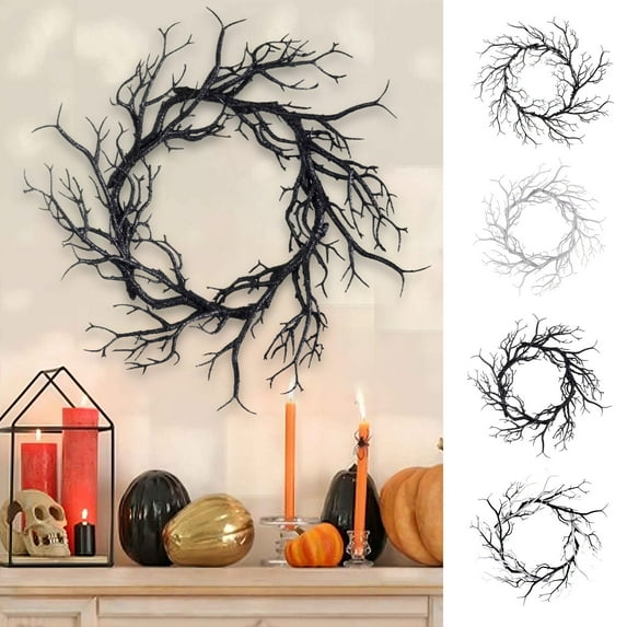 CASAFUN Artificial Halloween Wreath Black Twig Wreath Halloween Wreath Sparkling Hanging Decorations for Front Door Indoor Outdoor Halloween Party Home Decorations