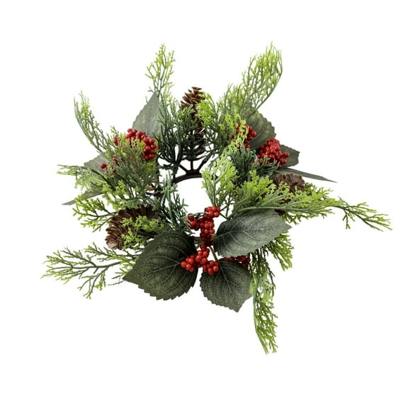 CASAFUN Artificial Snowy Cedar and Berry Candle Rings Christmas Candle Holder Rings Faux Cedar Twigs Wreath Mini Window Mirror Wreaths 9.8" Wide with Pine Cones Holly Leaves for Winter