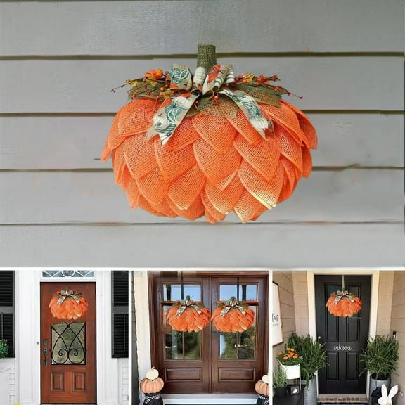 CASAFUN Autumn Pumpkin Wreath with Bows and Berries - Front Door Fall Decorations for Home Porch - Burlap Pumpkin Garland for Autumn Fall Halloween Christmas Thanksgiving Wall Decor