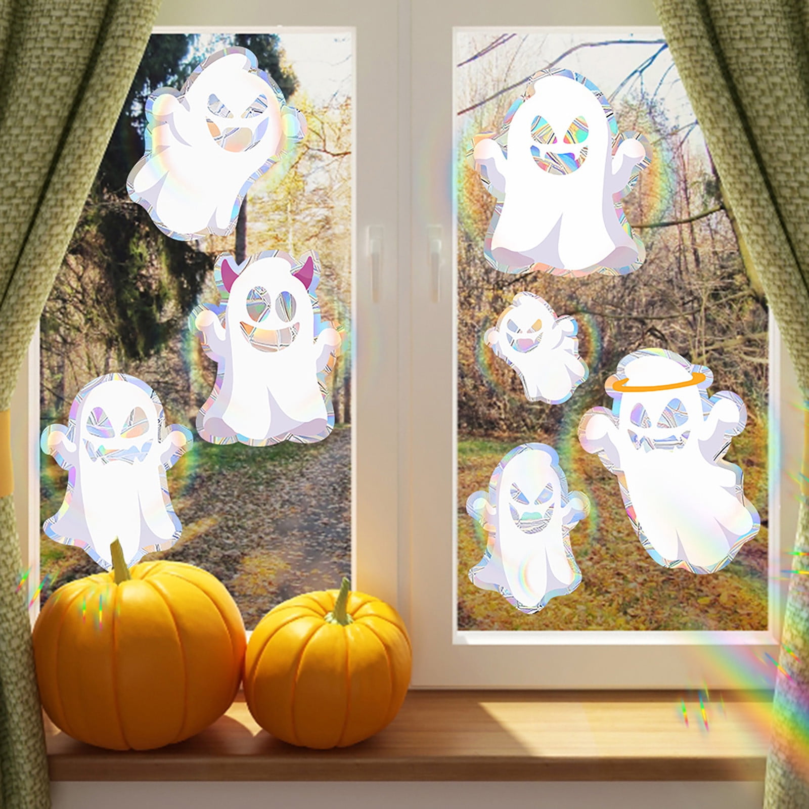 CASAFUN Colorful Pumpkin Ghost Halloween Window Stickers, DoubleSide