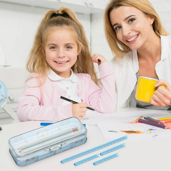 CASAFUN Double Deck Pencils Box with Sticker Included,Clear Plastic Stationery Box with 4 Removable Ruler Dividing Spacers Multi-grid Home Utility Box with 6 Compartments for Pencils Erasers Clips