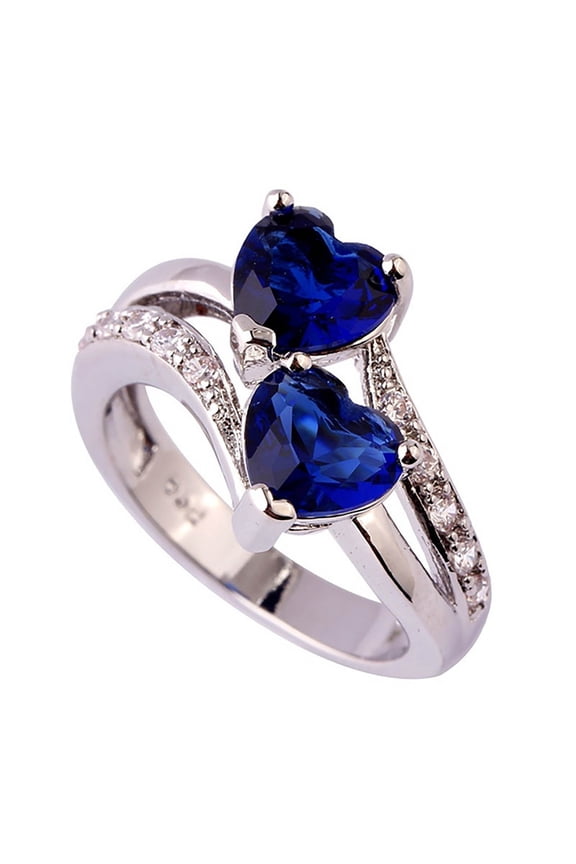 Double Heart Cut Silver Plated Created Emerald Quartz Cubic Zirconia Filled Twisted 2-Stones Love Promise Ring Band for Women