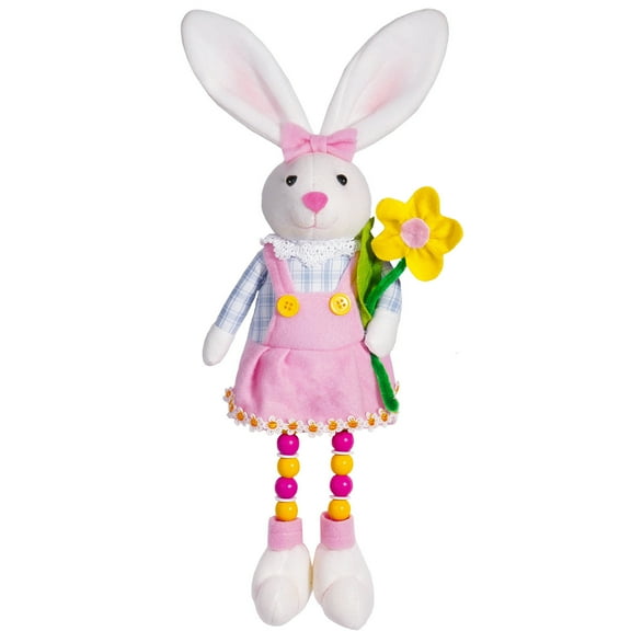 CASAFUN Easter Bunny Decorations, Easter Rabbits Holding Carrot and Flower Plush Doll Happy Easter Bunny Figurines with Dangling Legs Table Shelf Sitters Statue for Home Decor