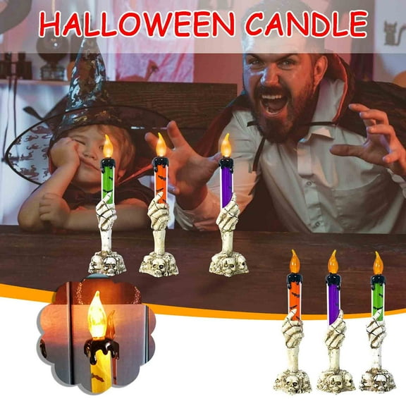 CASAFUN Halloween Flameless Flickering Candles, Battery Operated Real Wax Electric LED Halloween Fake Pillar Candles with Castle,Witch,Bats for Indoor Window Table Halloween Thanksgiving Decor