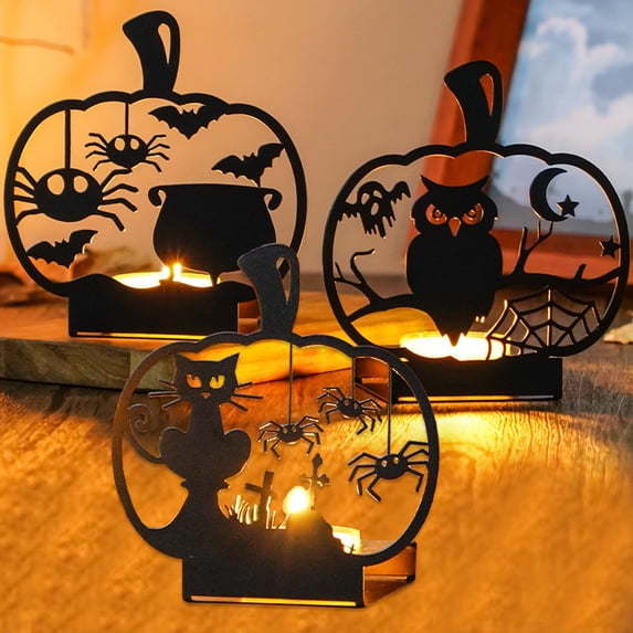 CASAFUN Halloween Table Centerpiece Candle Holders Projection Candlestick, Black Votive Holder with Cat, Spider,Bat,Cat,Tealight Holders Bulk for Halloween Party Decor
