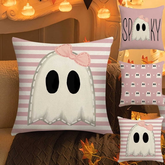 CASAFUN Happy Halloween Cushion Cover Cushion Cases Pink Spooky Cute Ghost Pillowcase Decorative Throw Pillow Cover for Home Office Halloween Thanksgiving Sofa Bed Decoration 17.7x17.7 Inches