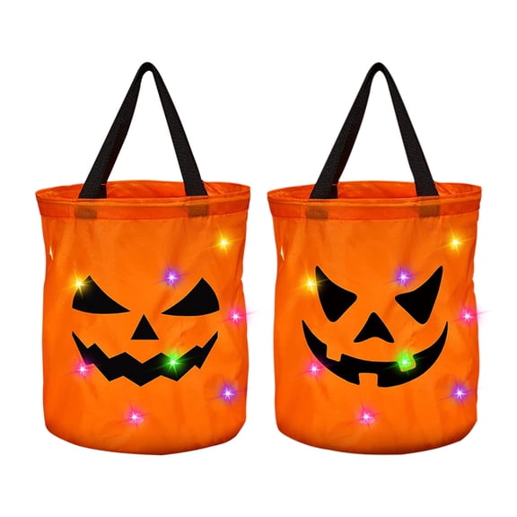 CASAFUN Light LED up Halloween Bucket Pumpkin Candy Large Bags Collapsible Ghost Multipurpose Reusable Halloween Basket for Kids Halloween Birthday Party Goodie Goody, Orange