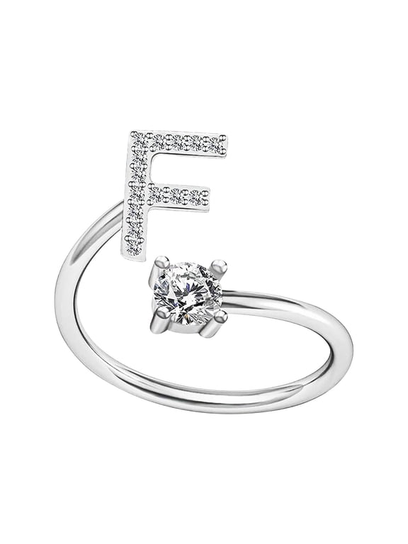 Silver Initial Letter Ring for Women,Adjustable Crystal Alphabet Ring,Name Initials Stackable Knuckle Rings A-Z CZ Open Ring Valentine's Day