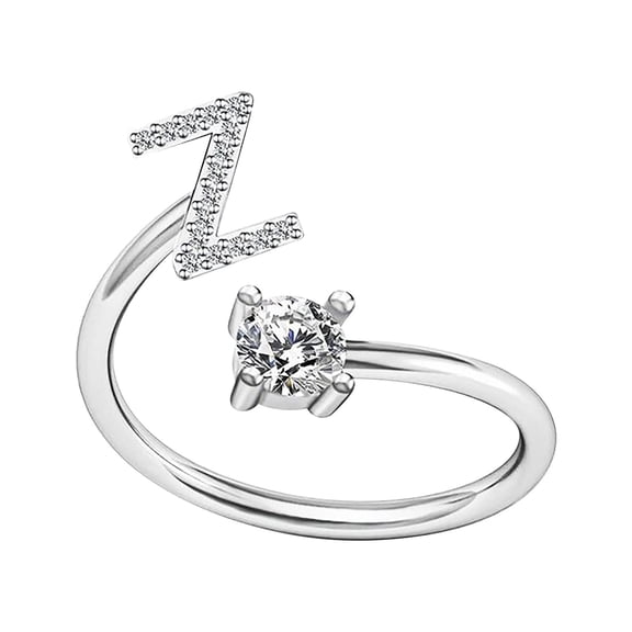 CASAFUN Silver Initial Letter Ring for Women,Adjustable Crystal Alphabet Ring,Name Initials Stackable Knuckle Rings A-Z CZ Open Ring Valentine's Day
