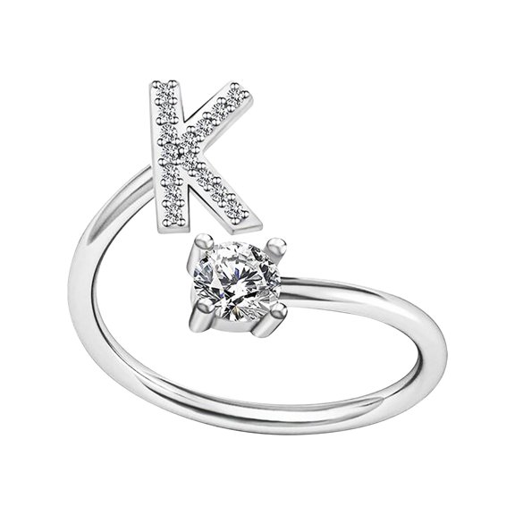 Cififendec Silver Initial Letter Ring for Women,Adjustable Crystal Alphabet Ring,Name Initials Stackable Knuckle Rings A-Z CZ Open Ring Valentine's Day