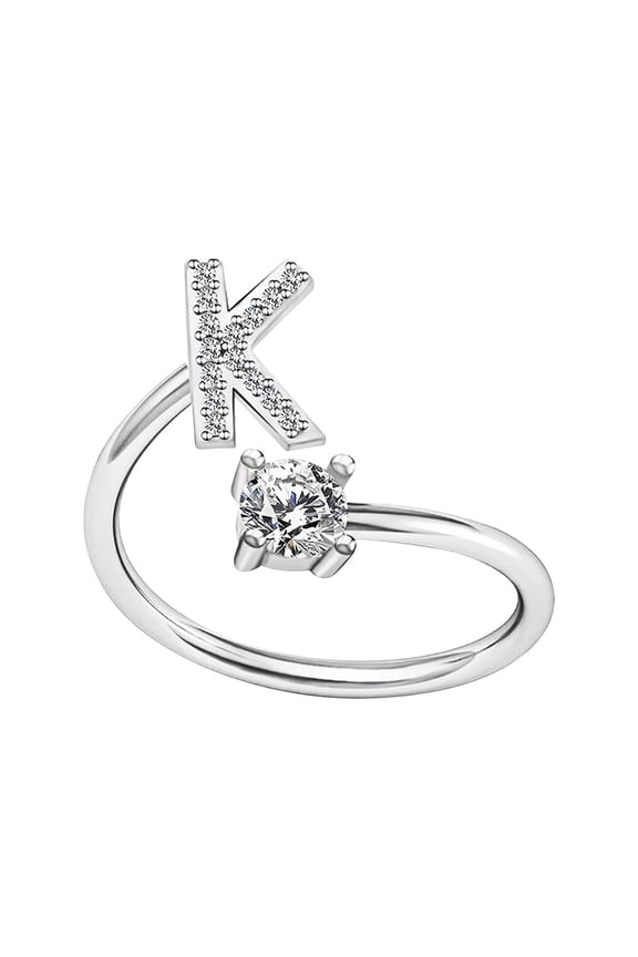Silver Initial Letter Ring for Women,Adjustable Crystal Alphabet Ring,Name Initials Stackable Knuckle Rings A-Z CZ Open Ring Valentine's Day