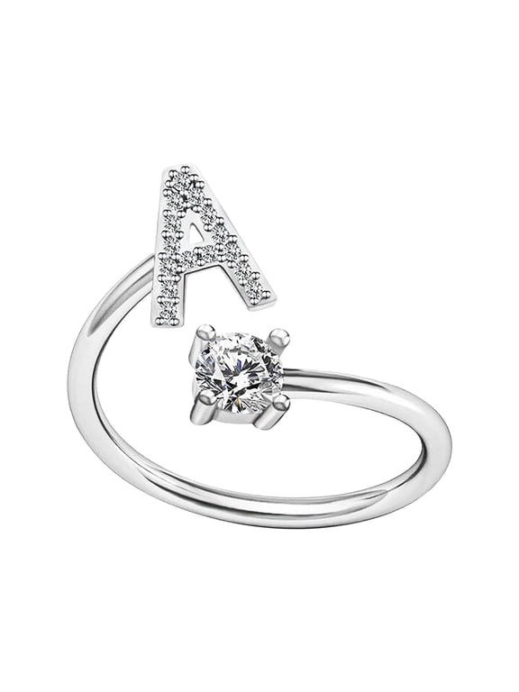 Silver Initial Letter Ring for Women,Adjustable Crystal Alphabet Ring,Name Initials Stackable Knuckle Rings A-Z CZ Open Ring Valentine's Day