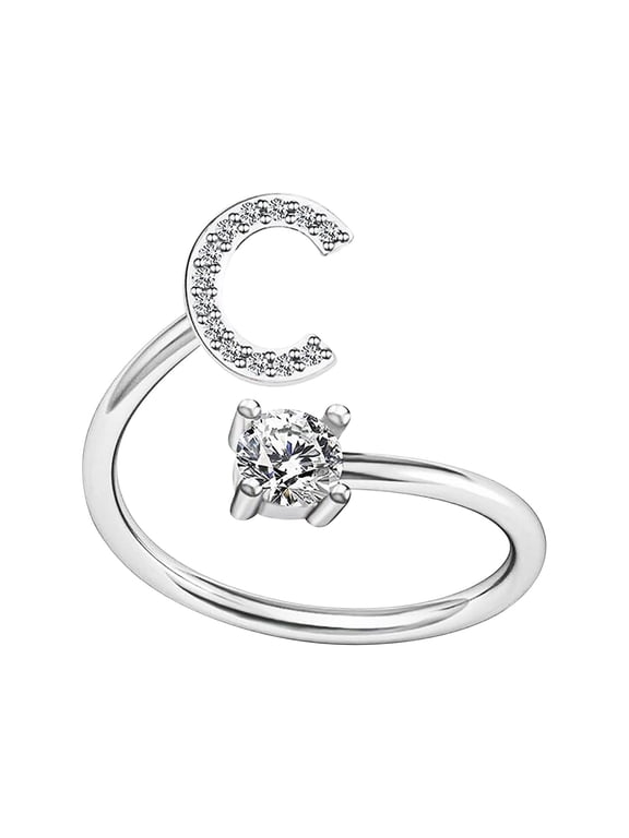 Silver Initial Letter Ring for Women,Adjustable Crystal Alphabet Ring,Name Initials Stackable Knuckle Rings A-Z CZ Open Ring Valentine's Day