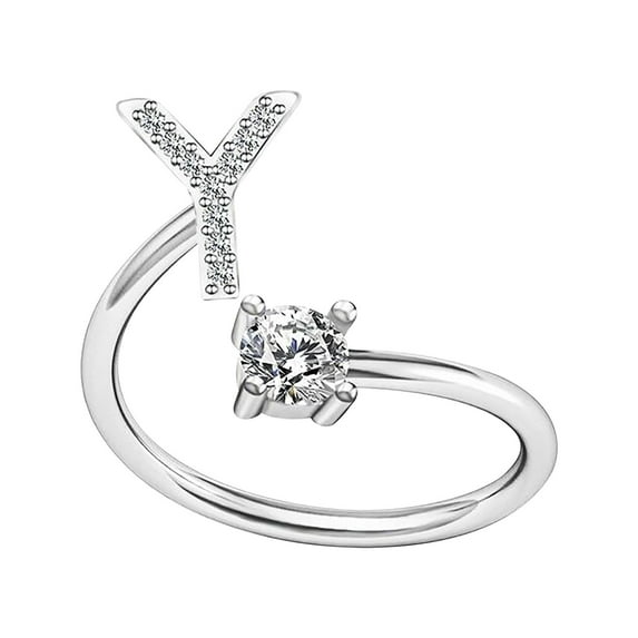 CASAFUN Silver Initial Letter Ring for Women,Adjustable Crystal Alphabet Ring,Name Initials Stackable Knuckle Rings A-Z CZ Open Ring Valentine's Day