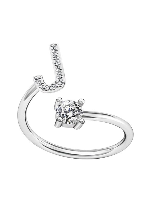 Silver Initial Letter Ring for Women,Adjustable Crystal Alphabet Ring,Name Initials Stackable Knuckle Rings A-Z CZ Open Ring Valentine's Day