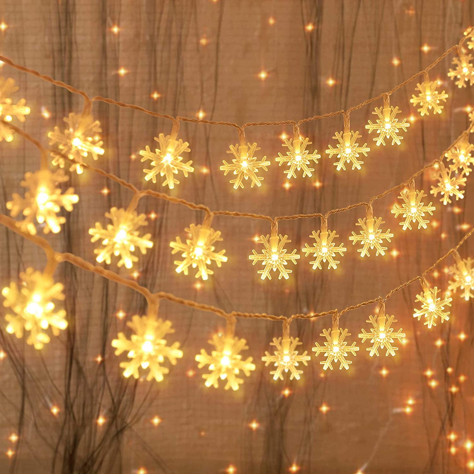 CASAFUN Warm White 40 LED Christmas Cluster Lights Plug in, Snowflake ...