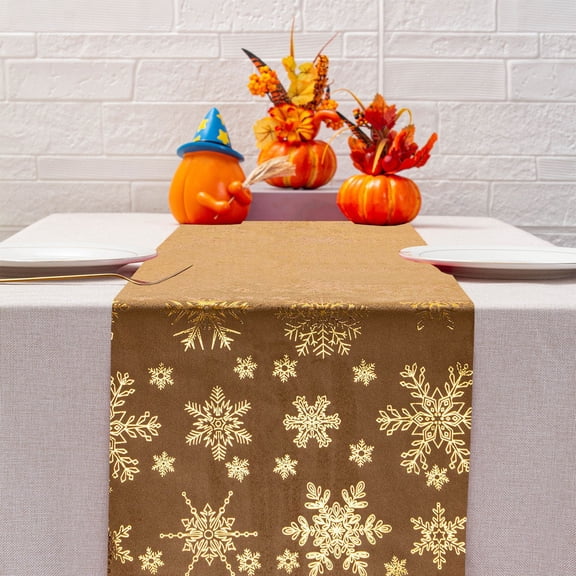 CASAFUN Winter Table Runner, Gold Snowflake Cotton Linen Table Runner Roll, Gold Christmas Runner for Table, Seasonal Christmas Winter Holiday Decor, Rustic Boho Dining Table Decor