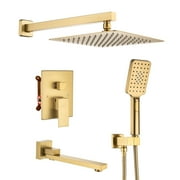 CASAINC 1-Handle 3-Spray Pattern 10 in Wall Mount Shower Head, Tub and Shower Faucet, Brushed Gold (Valve Included)