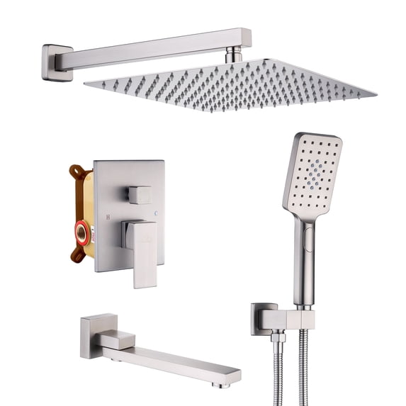 CASAINC 1-Handle 3-Spray Pattern 10 in Wall Mount Shower Head, Tub and Shower Faucet, Brushed Nickel (Valve Included)