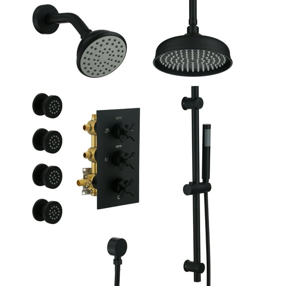 CASAINC 1-Spray Patterns 8 in. Ceiling Mounted Dual Shower Heads in Matte Black with Sliding Bar and 4 Body Sprays